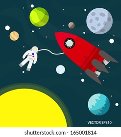 Astronaut in the space with rocket and planets vector 