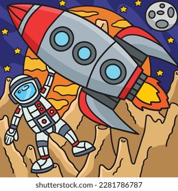 Astronaut Space Rocket Ship Colored Cartoon