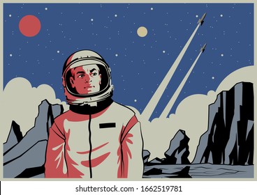 Astronaut, Space Rockets Launching, Unknown Planet's Sky Space Illustration Retro Future Style 