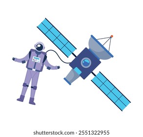 Astronauta y satélite espacial aislados