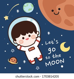 Astronaut in the space say hello hand drawn background.Boy doodle.Child smiling face greeting.Cute kid cartoon character design.Kawaii concept.Universe.Moon.Earth.planet.Star.Vector. Illustration.