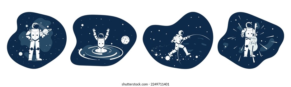 Astronaut in space scenes. Cosmonaut in Universe flying between stars and planets. person in space suit, cute cosmos adventure vector concept