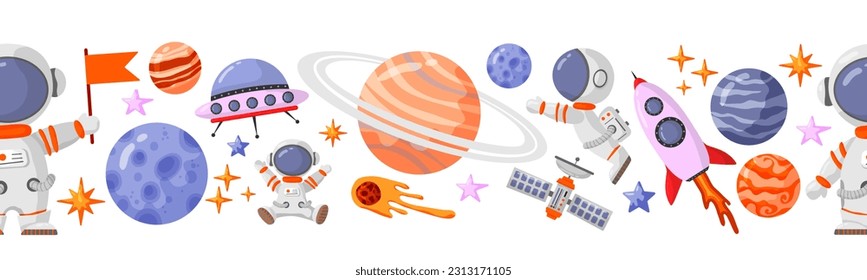 Astronaut and space seamless pattern with space elements. Seamless pattern for design, posters, backgrounds astronaut and space. Planet, comet, galaxy, alienships