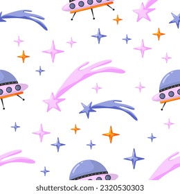 Astronaut and space seamless pattern with space elements. Seamless pattern for design, posters, backgrounds astronaut and space. Planet, comet, galaxy, alienships.