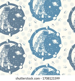 Astronaut in space. Seamless pattern. Packing old paper, scrapbooking style. Vintage background. Medieval manuscript, engraving art. Cosmonaut in universe, solar eclipse. Symbol of science, astronomy