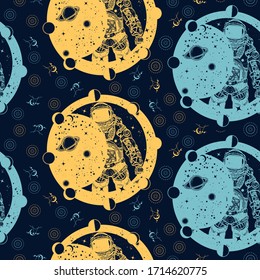 Astronaut in space. Seamless pattern. Packing old paper, scrapbooking style. Vintage background. Medieval manuscript, engraving art. Cosmonaut in universe, solar eclipse. Symbol of science, astronomy 