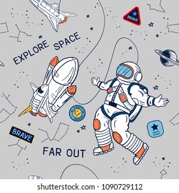 Astronaut and space seamless pattern vector. Graphic tee. vector design for t-shirt printing and embroidery apparel. 