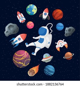 astronaut with space set icons vector illustration design