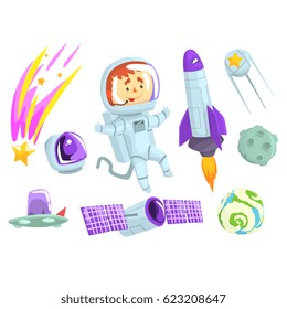 Astronaut in space, set for label design. Colorful cosmos exploration cartoon detailed Illustrations