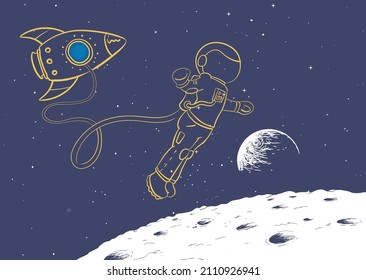 Astronaut and space shuttle gliding in space cartoon moon earth