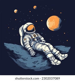 Astronaut in space sleep lie down flying on the moon vintage retro logo badge vector illustration