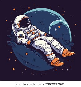 Astronaut in space sleep lie down flying on the moon vintage retro logo badge vector illustration