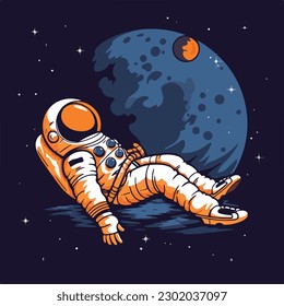 Astronaut in space sleep lie down flying on the moon vintage retro logo badge vector illustration