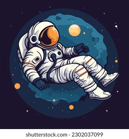 Astronaut in space sleep lie down flying on the moon vintage retro logo badge vector illustration