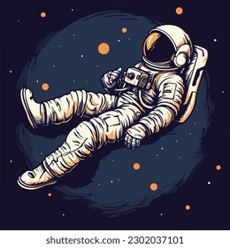 Astronauta en el espacio duerme tumbado volando sobre la luna vintage marca de logotipo retro ilustración vectorial