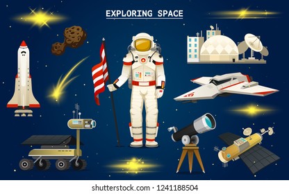 Astronaut in space. Spaceman explores the galaxy. Set of astronomical universe. cosmonaut explore adventure. Interplanetary travels in the world. telescope, robot and mars lunar rover.