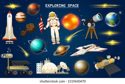 Astronaut in space. Spaceman explores the galaxy. Set of astronomical universe. Planets of the solar system. Cosmonaut explore adventure. Interplanetary travels in the world. telescope.