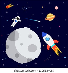 Astronaut in space with spaceship and planets. Space vector illustration.