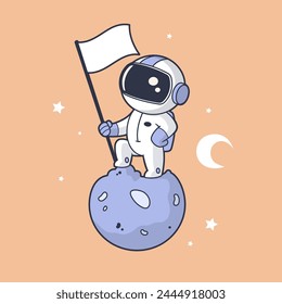 Astronaut in space, standing on an asteroid, holding a flag vector cartoon illustration in retro vintage style