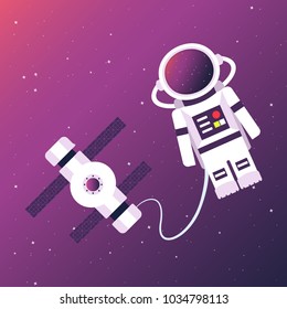 Astronaut and space station in the background of an open space. Vector illustration.