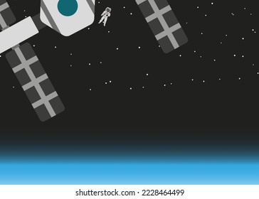 An astronaut and a space station in space in the background are stars and below is the earth's atmosphere. isolated vector graphic.
