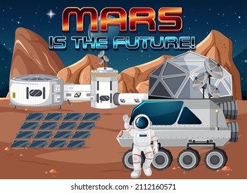 Astronaut space station on planet with Mars is the future logo illustration