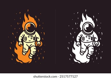 Ein Astronaut im Raumanzug, der in Flammen aufgeht, eine grafische Illustration auf schwarzem Hintergrund.