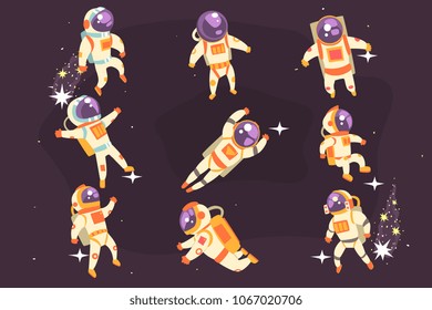 Astronaut In Space Suit Floating In Open Space In Different Positions Set Of Illustrations,