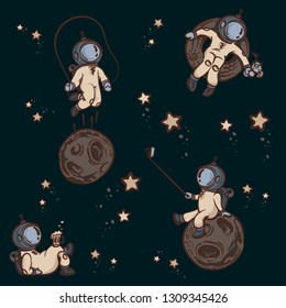 Astronaut In Space Suit Floating In Open Space In Different Positions Set Of vector Illustrations
