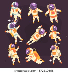 Astronaut In Space Suit Floating In Open Space In Different Positions Set Of Illustrations,