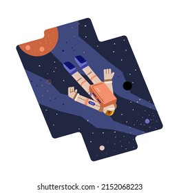 Astronaut in space suit floating in outer space, flat vector illustration. Cartoon character flying upside down through the stars and planets. Spaceman exploring universe.