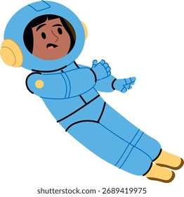 An astronaut in a space suit floats with a surprised expression in cartoon style. The character is depicted in a playful pose wearing a helmet and gloves. Cartoon vector illustration.