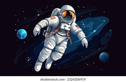 Astronauta con traje espacial vuela en el espacio junto a planetas y estrellas. Ilustración del vector EPS 10