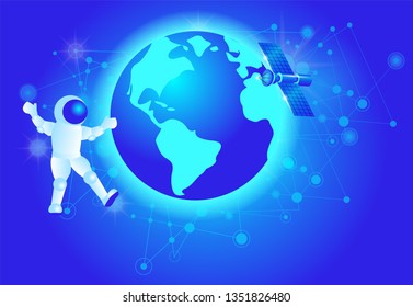 Astronaut in Space Suit Flying in Outer Space. Satellite Spaceship Station Orbiting Earth. Cosmonaut in Charge of Maintenance. Exploration. Blue Gradient Background. 3D Vector Isometric Illustration