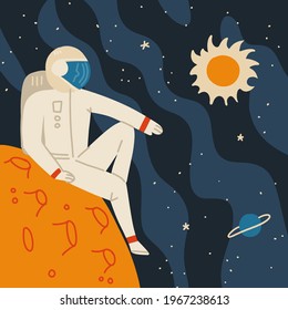 Astronaut in space suit having a rest on alien planet landscape. Cosmos travel in comfort. Space tourism concept. Flat vector illustration.
