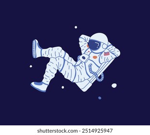 Astronaut in einem Raumanzug und Helm schwimmt in Schwerelosigkeit im Weltraum. Entspannte Pose. Der Charakter fliegt in der Atmosphäre. Träume, Fantasie. Cartoon-Stil. Vektorgrafik auf dunklem Hintergrund.