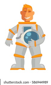 Astronaut in space suit with helmet in hand isolated on white. Smiling spaceman vector illustration in cartoon style. Cosmonaut in protective uniform. Profession character flat design