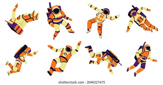 Astronaut in space, space suit on man floating in galaxy. Exploration and discovery of universe, futuristic outfits of person traveling to celestial bodies. Vector in flat style illustration