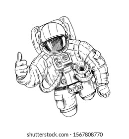 Astronaut in space suit with one hand, OK gesture, black sketch on white background. Hand drawn vector illustration.