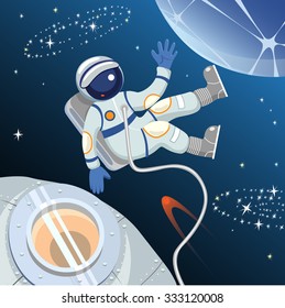 Astronaut in space suit  in outer space in the background of the spaceship, moon and stars. Vector illustration.