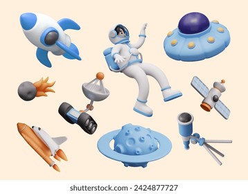 Astronaut in space suit, shuttle, UFO, planet, comet, rocket, telescope, satellite, rover