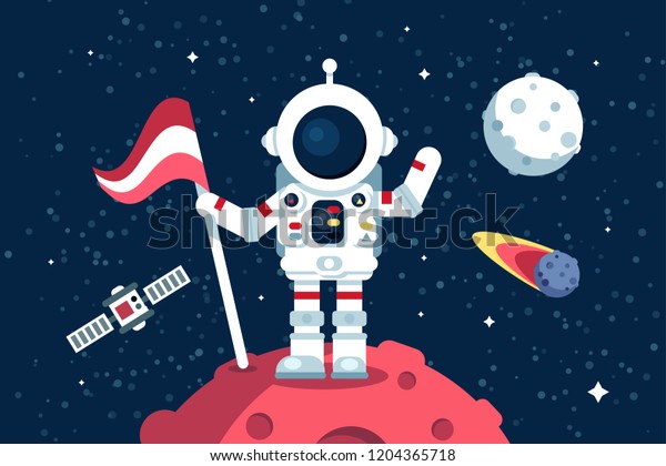 Astronaut in space\
suit standing on moon with flag. Space walk on lunar surface. Flat.\
Vector illustration.