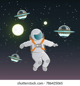 The astronaut in the space suit was surrounded by small spherical flying saucers. Classical travel. Vector illustration