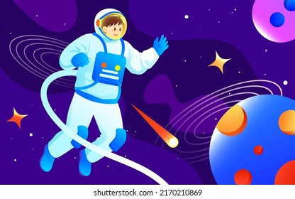 Astronaut in space suit working in space with universe and planet in background, moon day for man, world space day, vector illustration