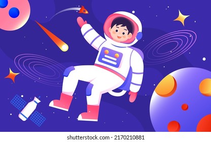 Astronaut in space suit working in space with universe and planet in background, moon day for man, world space day, vector illustration
