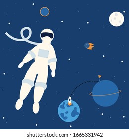 Astronaut in space. Suitable for advertising banners and flyers. Suitable for children's textiles. Aviation and Cosmonautics Day. International day of manned space flight. Made in vector.