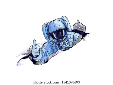 Astronaut in space suite punching through paper, isolated on white background. Hand drawn vector illustration.