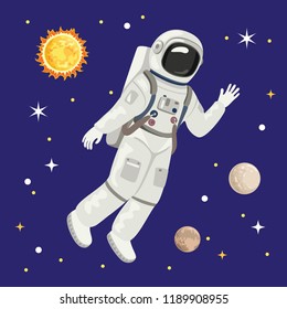 Astronaut in space. Sun, planets and stars. Vector illustration of astronaut in spacesuit in cartoon flat style.