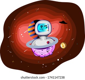 Astronaut in space, surrounded by planets, stars and flying saucer