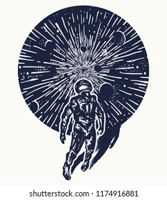 Astronaut in space tattoo art. Spaceman in Universe. Concept of science, astronomy, education, future t-shirt design 